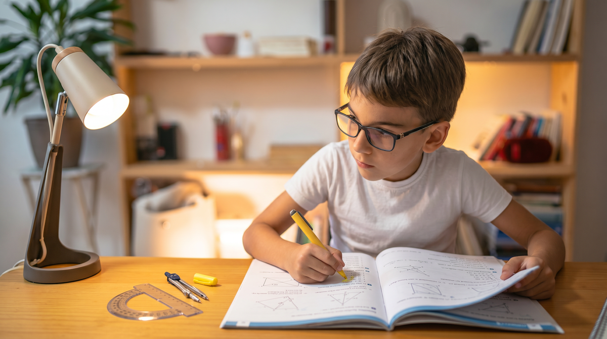 Enfant concentré sur son travail scolaire, loin des écrans
